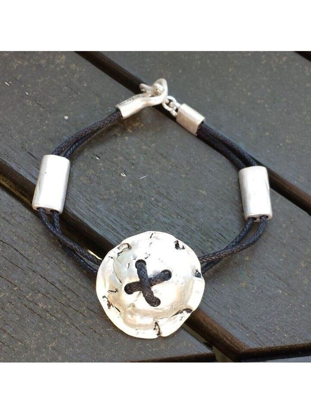 Edgy Modernist Abstract Style Silver Plated Organic Black Cotton Bracelet